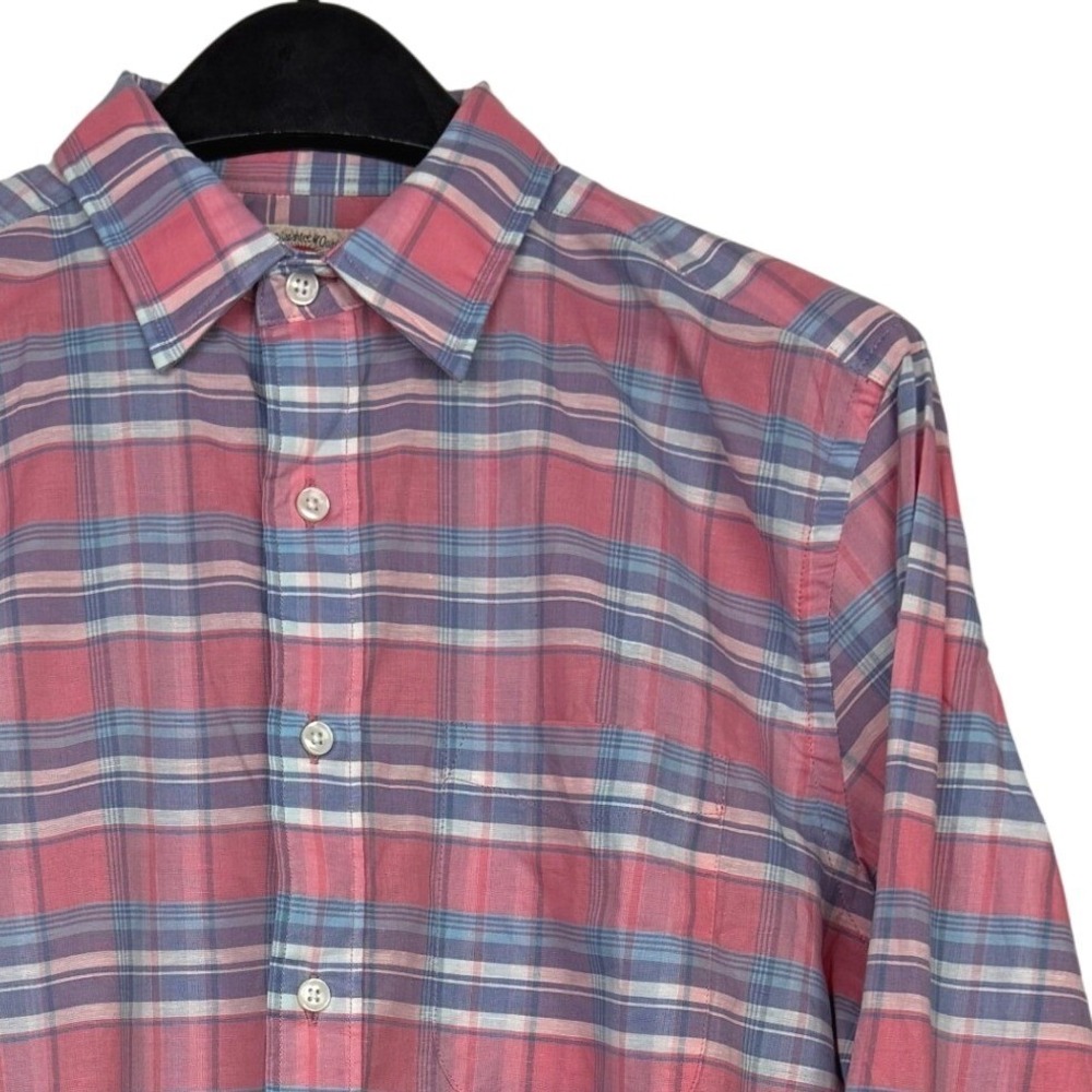 Faherty LINEN Cotton Button Up Shirt Mens S Stretch Long Sleeve Pink Blue Plaid